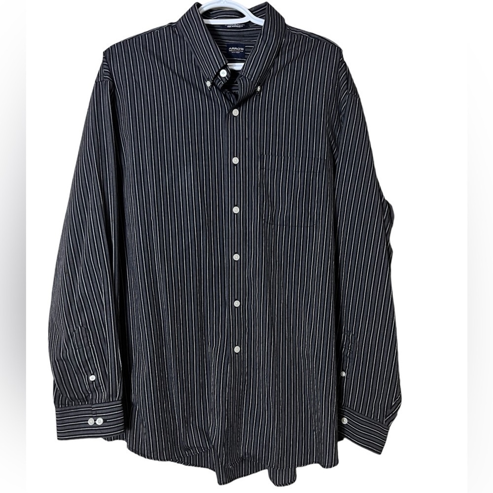 ARROW Men’s Wrinkle Free Black‎ Stripe Button Down Dress Shirt Size XL 17 17.5